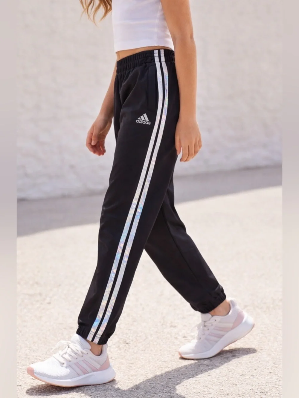 Adidas Girls Black Joggers Holographic Stripe Track Pants Size 7/8